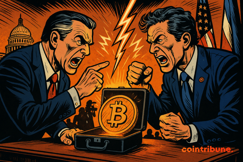 Two furious politicians clash violently over a glowing Bitcoin, with the Capitol in the background and dramatic lightning bolts.