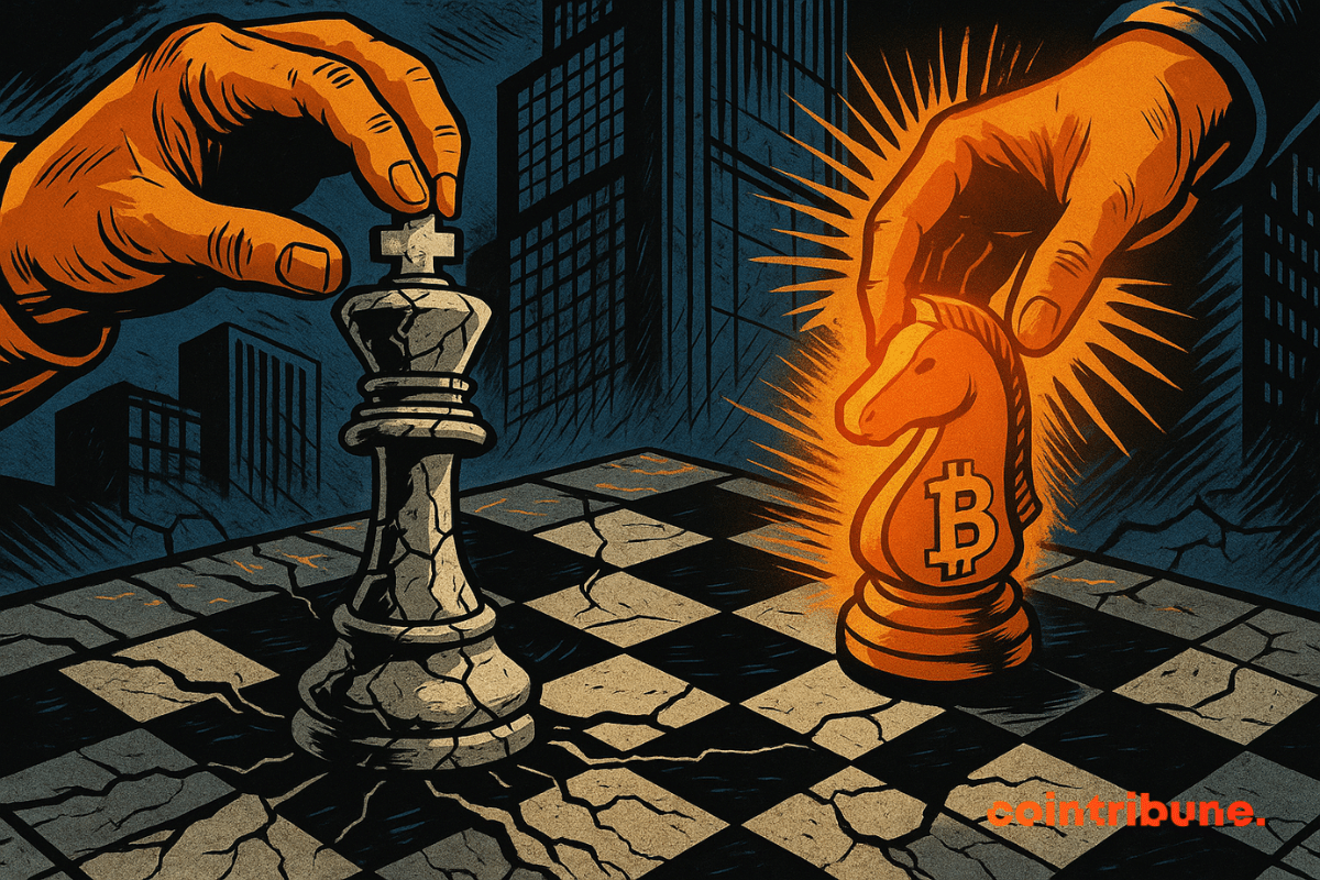 Mano naranja mueve jinete luminoso de Bitcoin, frente a rey agrietado de S&P 500, en tablero de ajedrez agrietado, ambiente oscuro y tenso.