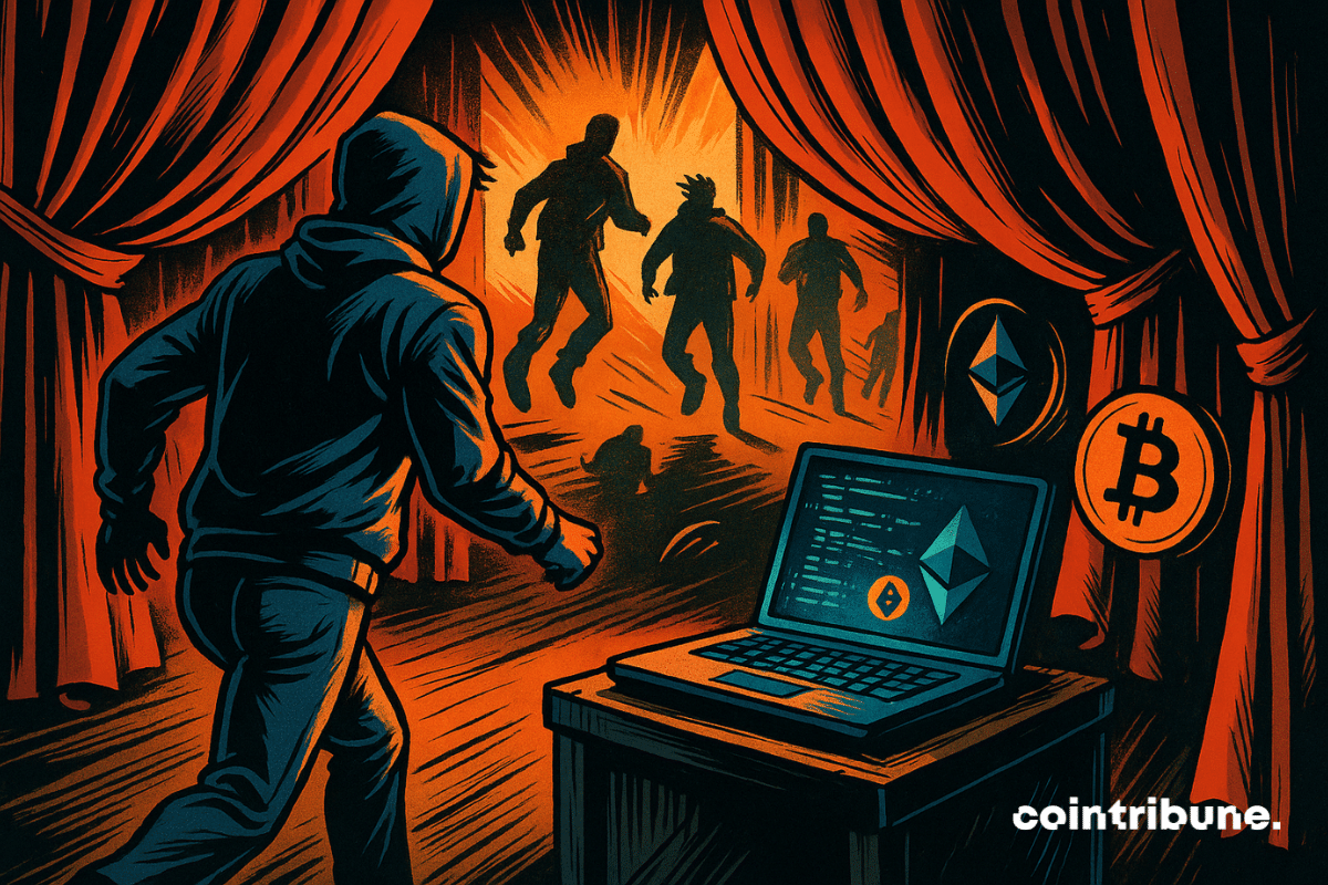 Um desenvolvedor de moletom foge de um palco de teatro banhado por uma luz laranja, enquanto outras figuras desaparecem atrás de uma cortina vermelha. Um laptop abandonado exibe logotipos de criptomoedas como Bitcoin e Ethereum, simbolizando o abandono do mundo cripto.