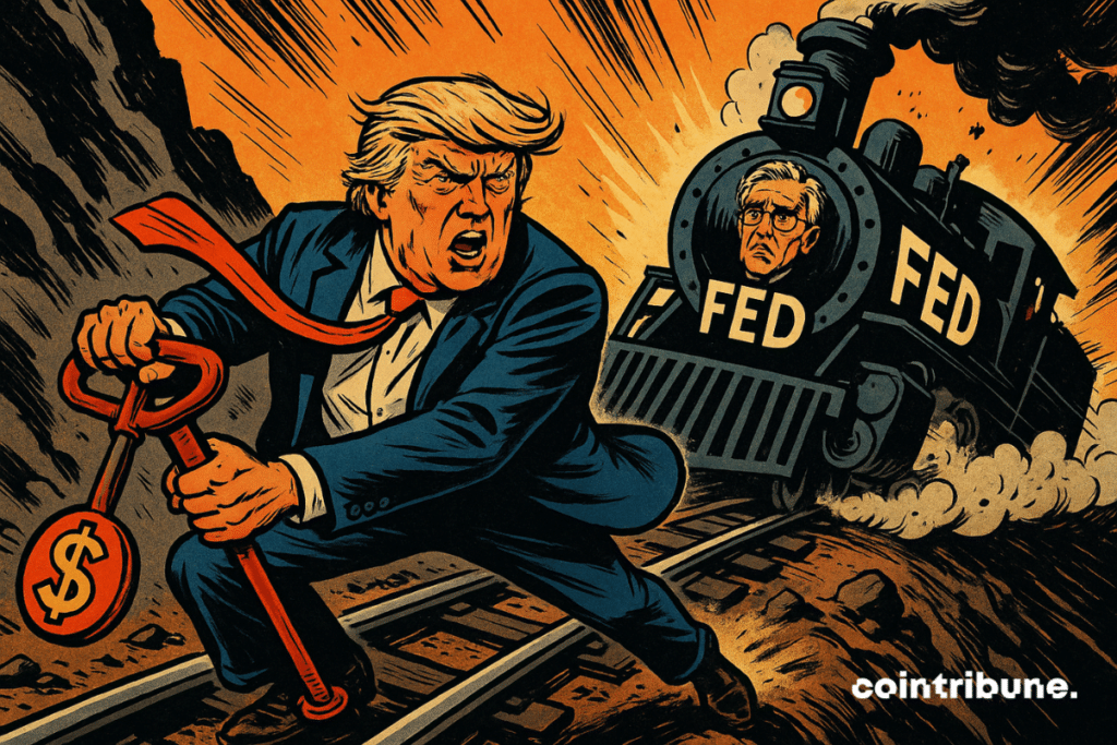 Trump freia um trem "FED" em alta velocidade descendo uma ladeira.
