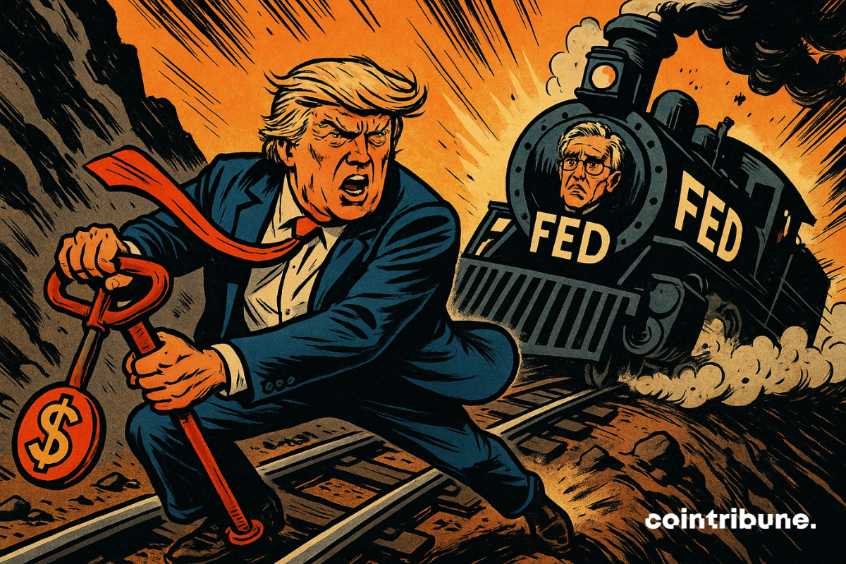 Trump freia um trem "FED" em alta velocidade descendo uma ladeira.