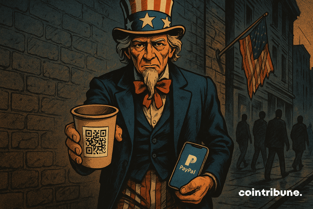 O Tio Sam estende um copo de papelão com um QR code estilizado ao estilo do Venmo. Sua outra mão está no bolso, de onde aparece um smartphone aceso com a interface do PayPal exibindo uma notificação: “R$ 2 recebidos”, simbolizando o pedido de doações para a dívida dos EUA.