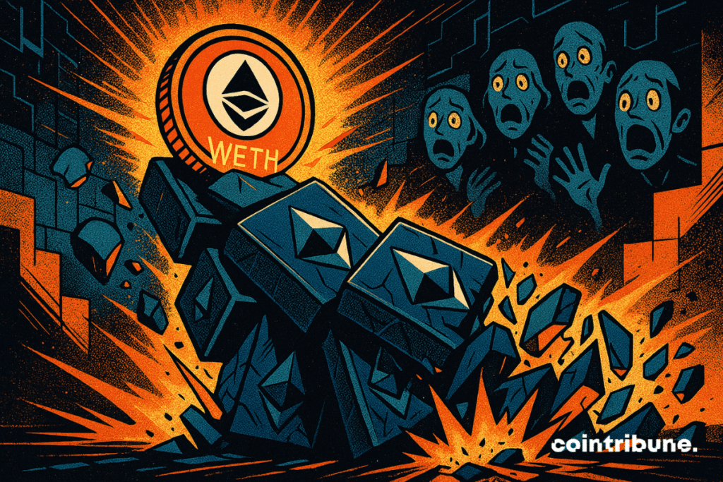 O WETH brilhante desencadeia o colapso do Ethereum, ladrilhos quebrados, rostos fantasmagóricos chocados, fundo digital laranja, azul e preto.
