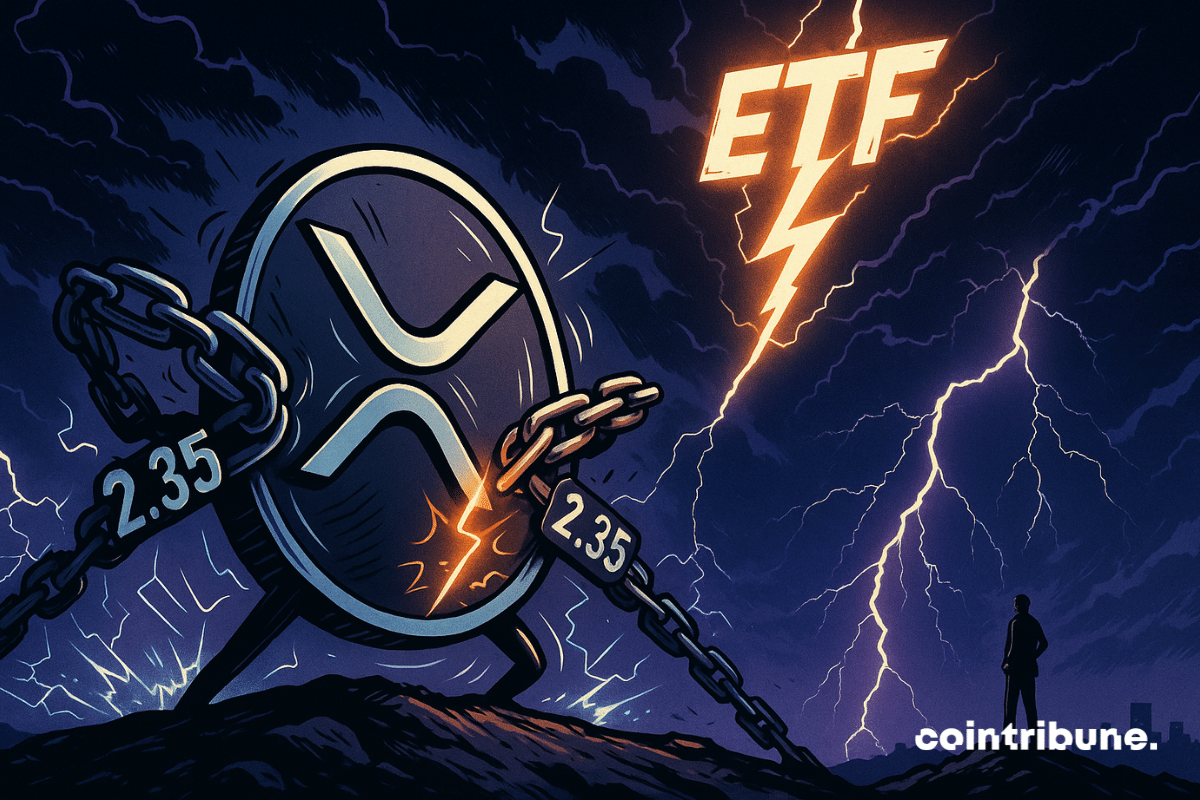 Una pieza gigante personificada de la criptomoneda XRP está encadenada en una tormenta eléctrica.