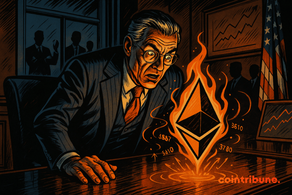 An older businessman in a dark office stares in awe at a glowing Ethereum logo engulfed in orange flames above his desk, surrounded by rising price numbers and shadowy figures.