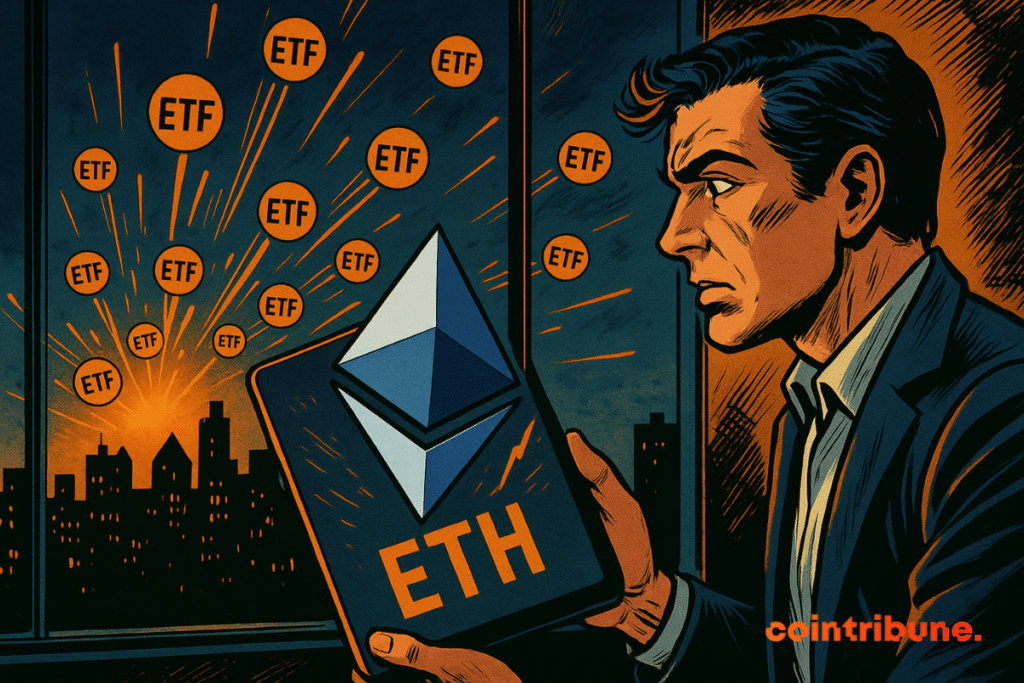 A man looks at an ETH chart exploding from ETFs, with "ETF" bubbles and a sunset.