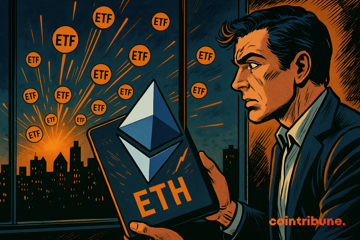 Um homem observa um gráfico de ETH explodindo a partir de ETFs, com bolhas de "ETF" e um pôr do sol.
