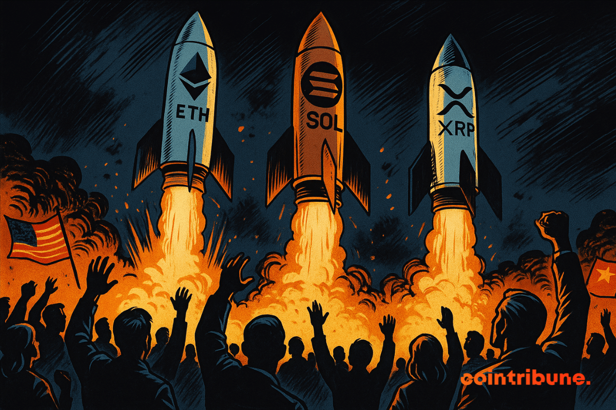 Três foguetes marcados como ETH, SOL e XRP decolam, sob os aplausos de uma multidão iluminada por chamas alaranjadas.