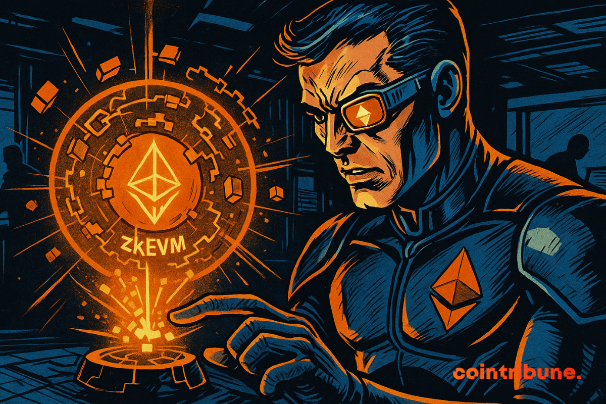 Um ciborgue futurista ativa um holograma zkEVM laranja brilhante, que simboliza a Ethereum, em um laboratório tecnológico escuro e intenso.