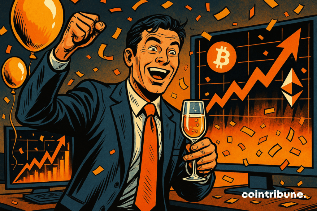 Un jubiloso hombre de negocios levanta una copa, rodeado de confeti y globos, mientras explotan Bitcoin y Ether.