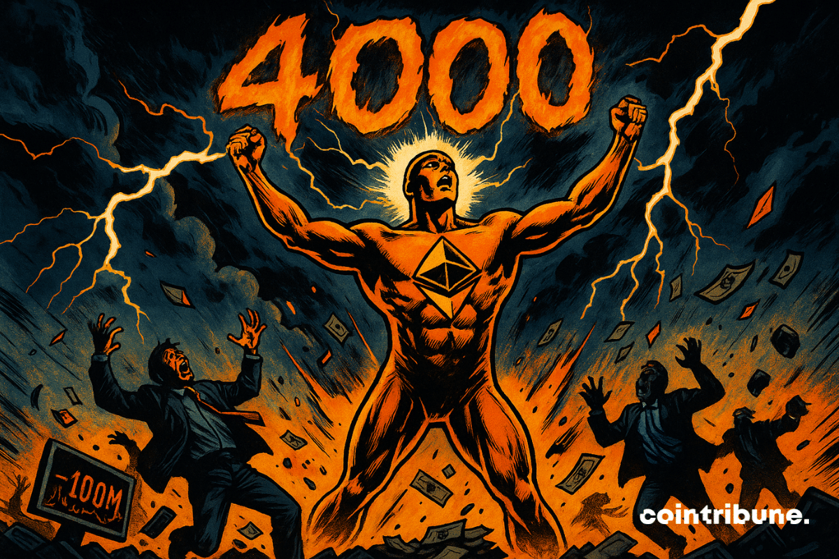 A criptomoeda Ethereum é representada de forma antropomórfica, como um deus ou super-herói dourado, com o peito estufado, os braços erguidos em V para o céu e as palmas abertas, em uma postura de dominação. O número “4000”, em chamas alaranjadas, flutua acima dele, parcialmente derretido em um raio, destacando o pico simbólico alcançado. O logotipo do Ethereum em suas mãos irradia luz.