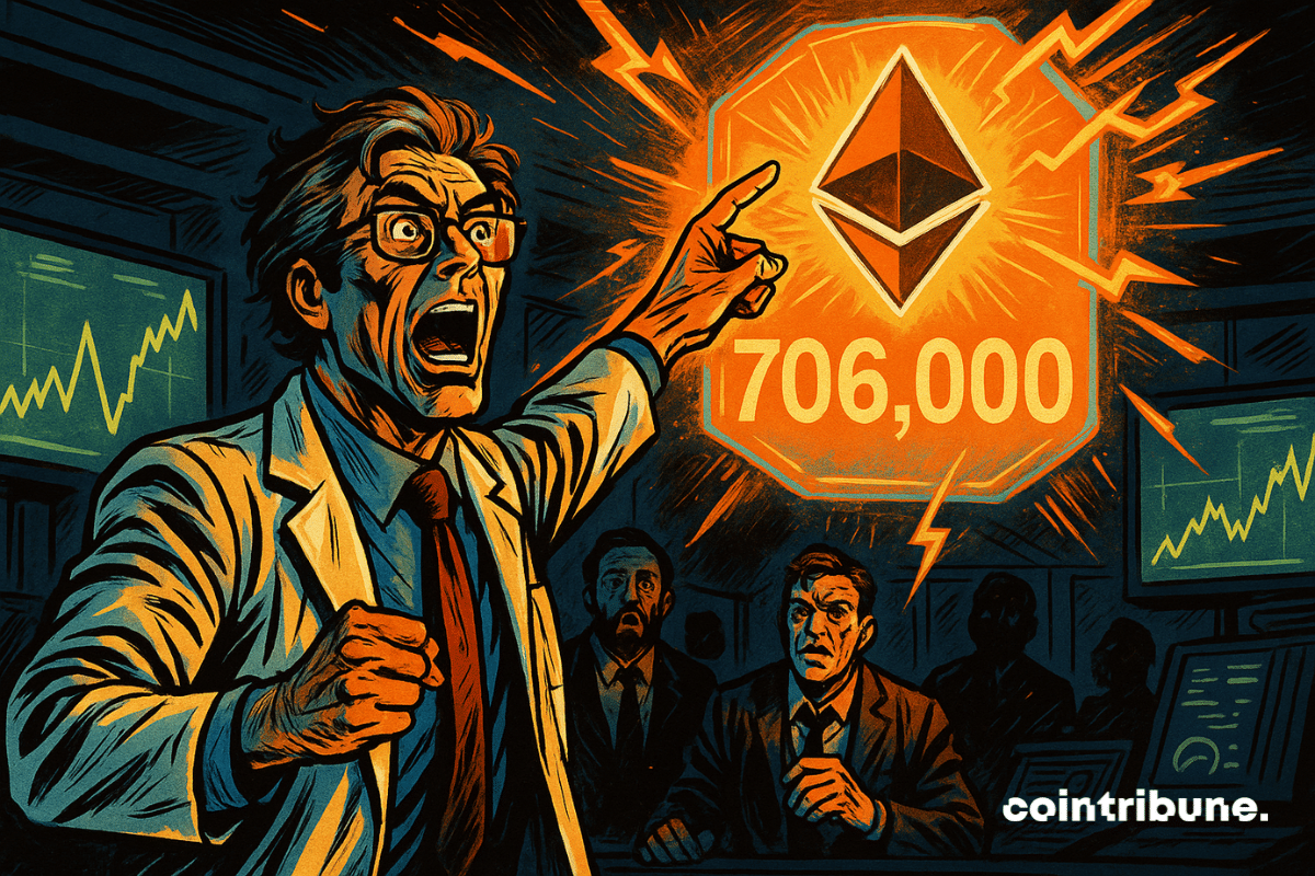 Un scientifique en blouse blanche, exalté, pointe un hologramme orange affichant le logo Ethereum et le chiffre "706 000", sous les regards stupéfaits de financiers en arrière-plan.