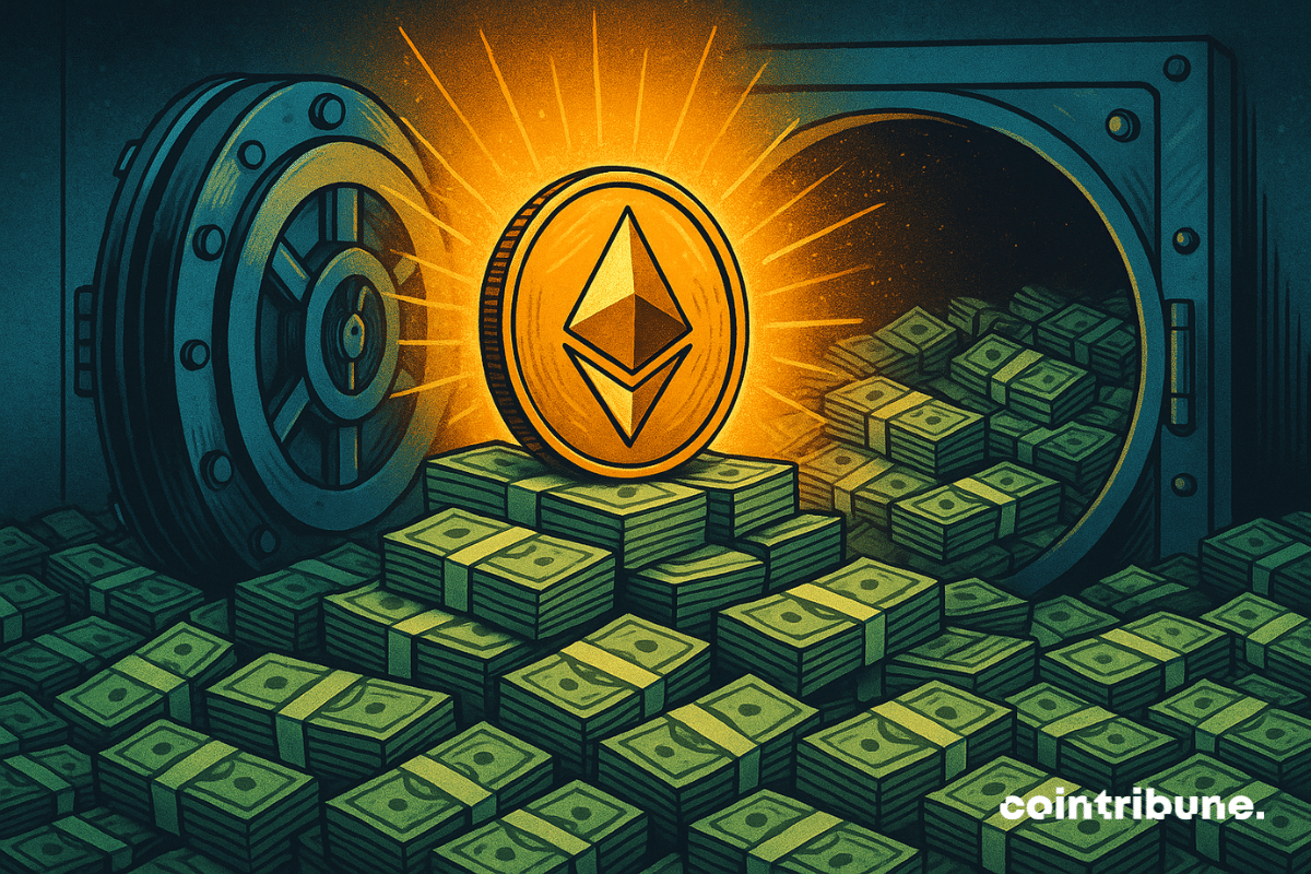 Uma moeda Ethereum brilhante surge de uma pilha de dinheiro dentro de um cofre aberto, simbolizando o crescimento financeiro e o sucesso dos ETFs de Ether.