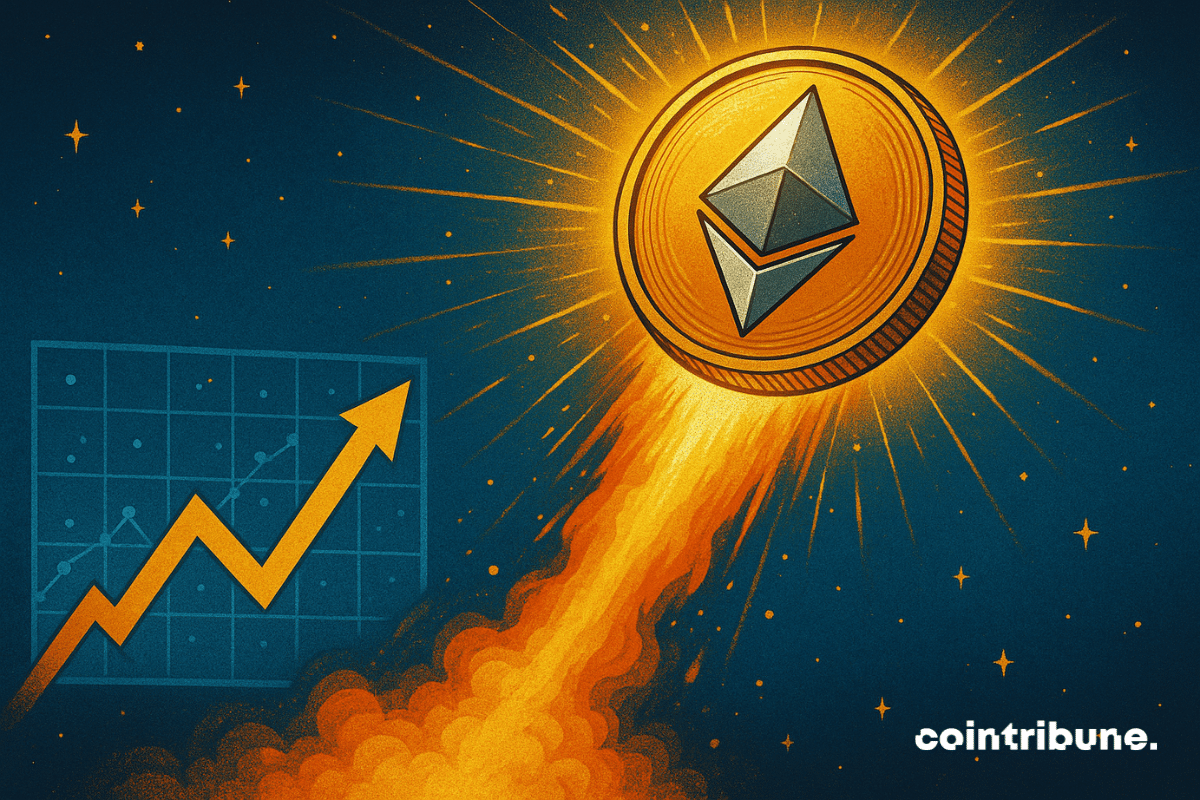 Moeda Ethereum subindo com um rastro de foguete brilhante, simbolizando recorde de interesse aberto e momento de alta do mercado.