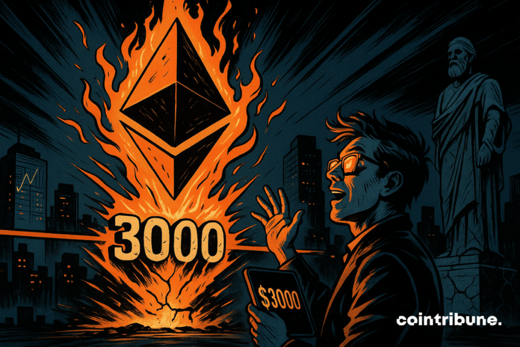 Um investidor da SharpLink, com os cabelos bagunçados pelo vento e óculos espelhados refletindo a explosão luminosa do ETH. Ele está em pé, levemente inclinado para trás, com uma mão segurando um tablet ou smartphone exibindo o valor de «3000 $» atingido pela cripto, e a outra mão erguida como se quisesse sentir o calor ou acompanhar a ascensão. O logotipo gigante do Ethereum em chamas emerge do solo e atravessa uma linha quebrada gravada com «3000», evocando uma barreira ultrapassada.