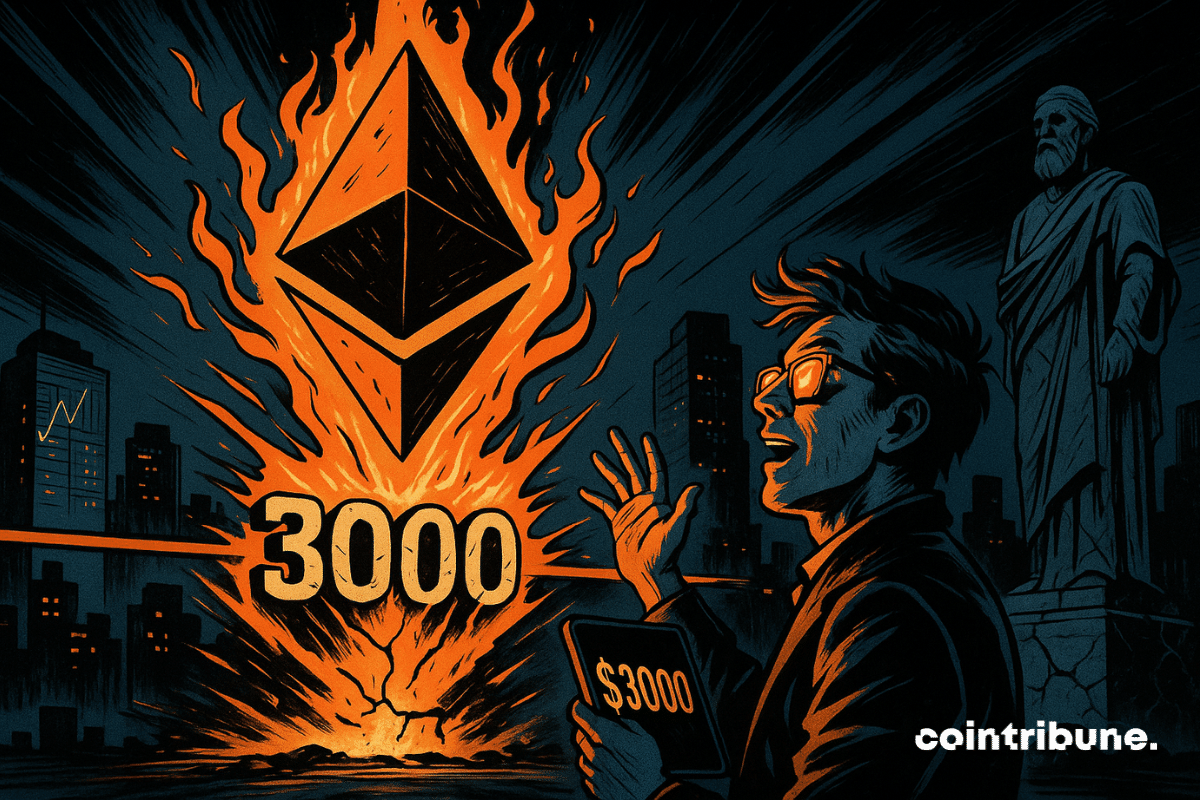 Um investidor da SharpLink, com os cabelos bagunçados pelo vento e óculos espelhados refletindo a explosão luminosa do ETH. Ele está em pé, levemente inclinado para trás, com uma mão segurando um tablet ou smartphone exibindo o valor de «3000 $» atingido pela cripto, e a outra mão erguida como se quisesse sentir o calor ou acompanhar a ascensão. O logotipo gigante do Ethereum em chamas emerge do solo e atravessa uma linha quebrada gravada com «3000», evocando uma barreira ultrapassada.
