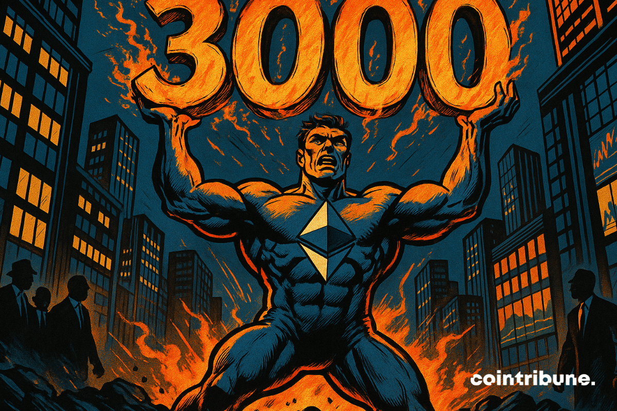 Uma poderosa figura de super-herói com o logotipo do Ethereum no peito levanta um "3000" flamejante acima de sua cabeça