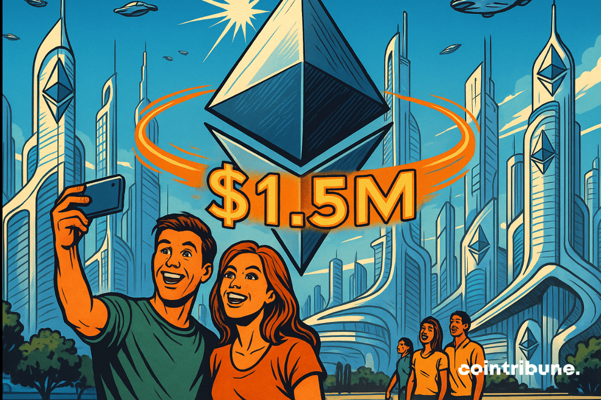 Turistas tiram selfies perto de uma estátua gigante de Ethereum com um ticker brilhante de US$ 1,5 milhão em uma cidade criptográfica futurista.