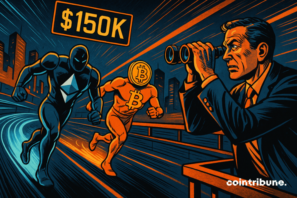 Ethereum ultrapassa Bitcoin em uma faixa neon, "US$ 150 mil" acima.