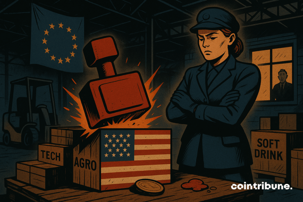 A modern-day Marianne in a customs officer’s uniform, arms crossed and expressionless, watches a stack of crates stamped “Made in USA.” A giant red stamp slams down on one of the crates, bearing the inscription “€93 Bn,” symbolizing Europe’s fierce response to Trump’s tariffs.