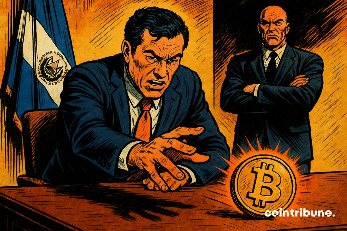 Um político salvadorenho de terno joga um Bitcoin brilhante sobre uma mesa