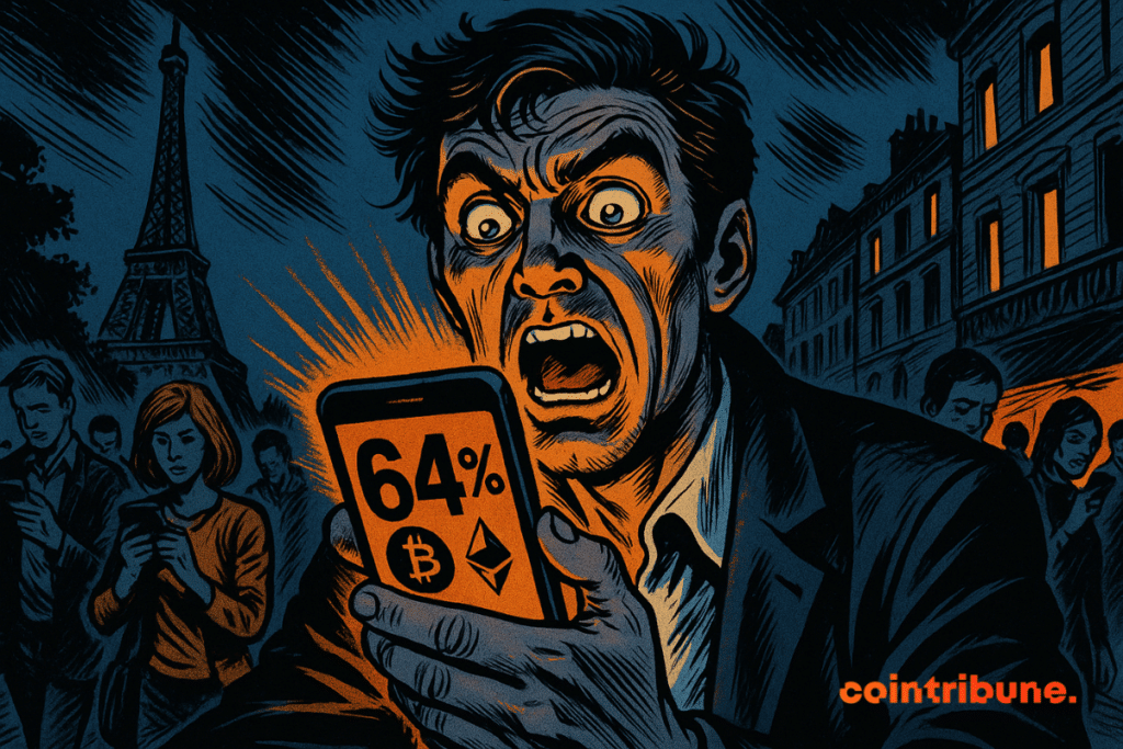 Shocked man looks at his smartphone displaying "64%", surrounded by mesmerized passersby, with the Eiffel Tower in the night background.