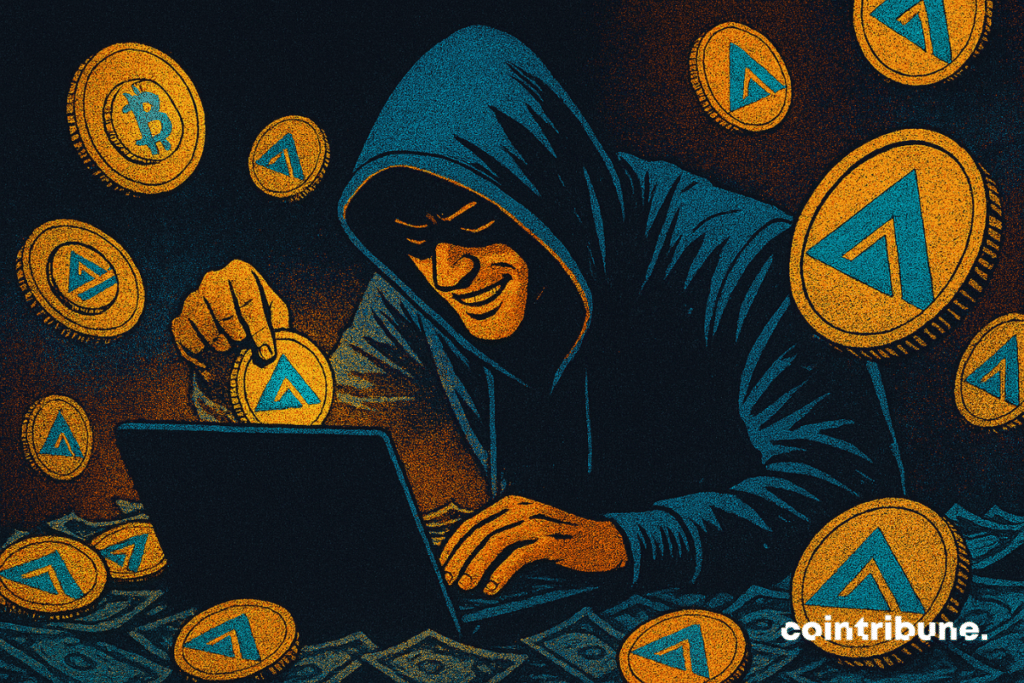 Illustration of a hacker in a hoodie interacting with a laptop, surrounded by floating Arbitrum and Bitcoin coins, symbolizing the GMX exploit and crypto theft.