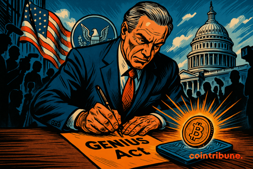 Un político firma formalmente la *Ley Genius* bajo la atención de Washington, mientras un símbolo de criptomoneda brillante emerge de una billetera digital.