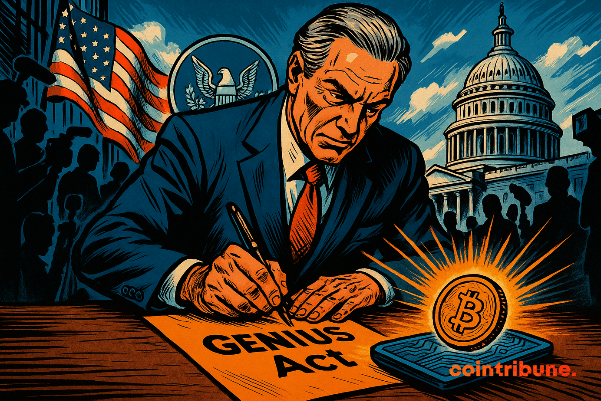 A politician formally signs the *Genius Act* under the Washington spotlight, as a glowing crypto symbol emerges from a digital wallet.