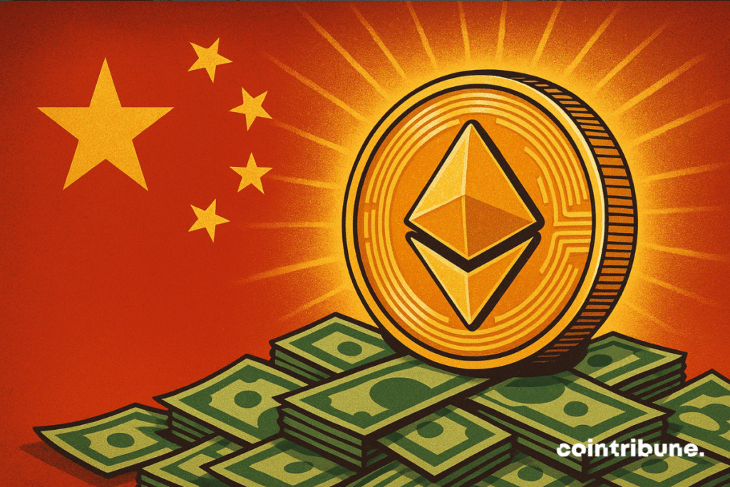 Ilustração de uma grande moeda brilhando contra o fundo da bandeira chinesa, com pilhas de notas de dólar americano em sua base, simbolizando o crescente envolvimento da China em ativos digitais e desenvolvimento de stablecoins.