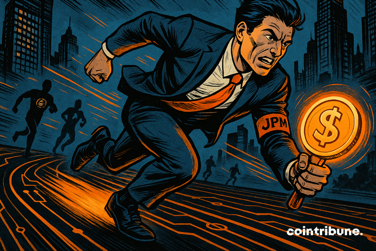 Image of a businessman labelled "JPM" sprinting on a digital track while holding a glowing stablecoin baton.