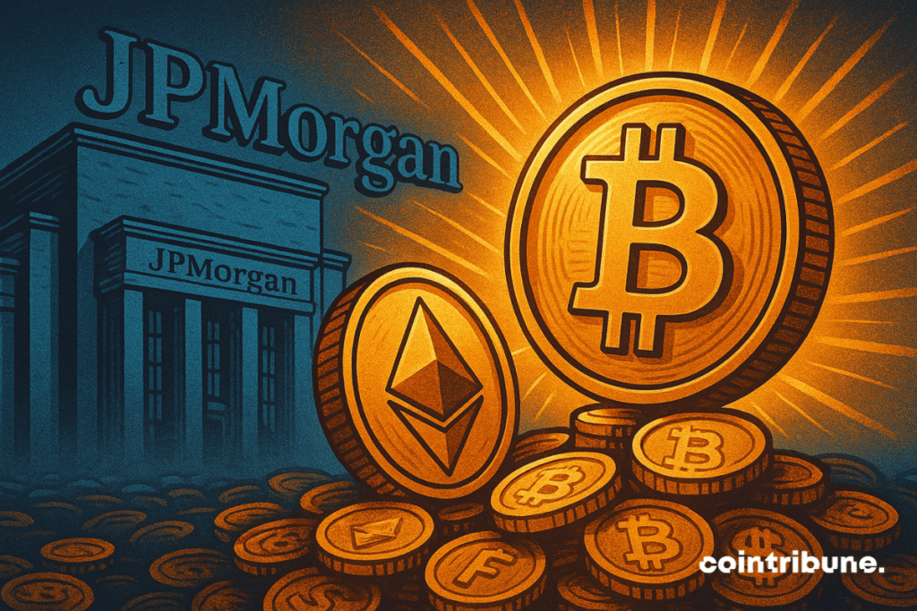 Ilustração do prédio do banco JPMorgan atrás de grandes moedas brilhantes de Bitcoin e Ethereum, simbolizando empréstimos lastreados em criptomoedas.