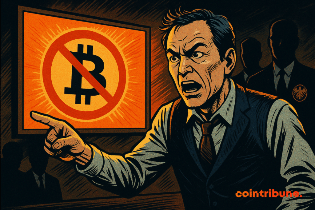 Uma ilustração em estilo de história em quadrinhos mostra um homem de terno apontando urgentemente para uma tela brilhante com um logotipo do Bitcoin riscado, enquanto agentes obscuros do governo estão atrás dele.