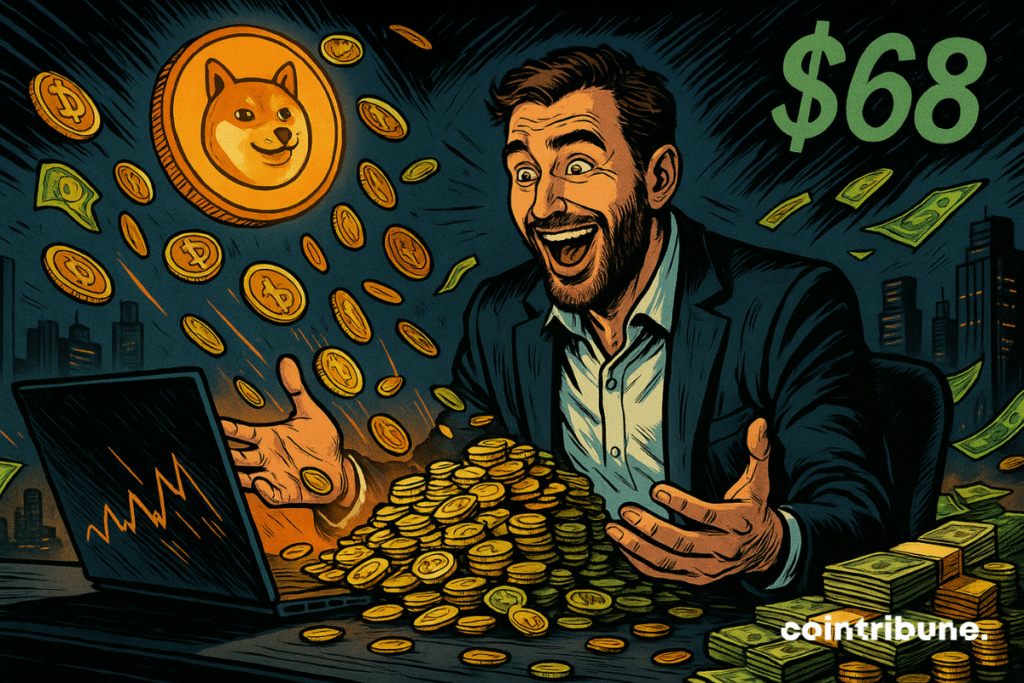 Un homme heureux, entouré de memecoins, billets et graphiques financiers, sourit devant un ordinateur, symbolisant la richesse rapide.