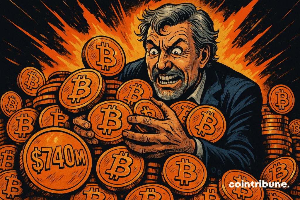 A frantic Michael Saylor clutches stacked bitcoins. Orange explosion behind. Coins marked "$740M." 1970s comic book style.