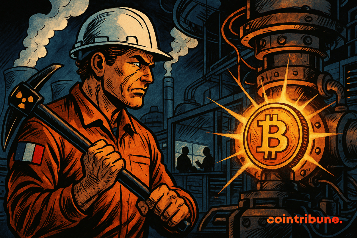 Um engenheiro francês segura uma picareta em frente a uma máquina nuclear iluminando um Bitcoin, numa instalação industrial escura e intensa.