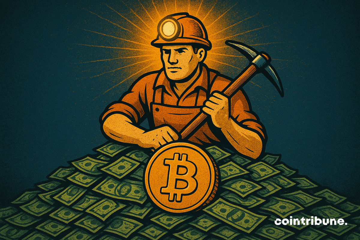 Ilustração de um determinado minerador de Bitcoin segurando uma picareta, sentado em uma pilha de notas de dólar com um símbolo brilhante de Bitcoin, representando os ganhos financeiros da mineração de criptomoedas e arrecadação de fundos.