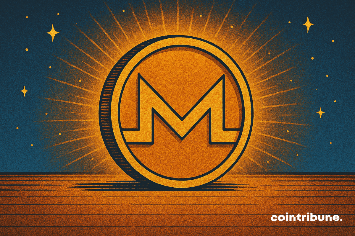 Ilustração de uma moeda Monero (XMR) brilhante irradiando luz contra um fundo escuro estrelado, simbolizando seu papel como uma criptomoeda líder em privacidade.