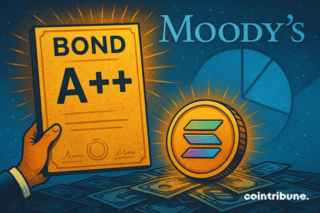 Ilustración de una calificación de bono A++ de Moody’s junto a una moneda Solana brillante sobre una pila de billetes de dólar, que representa calificaciones crediticias en cadena.