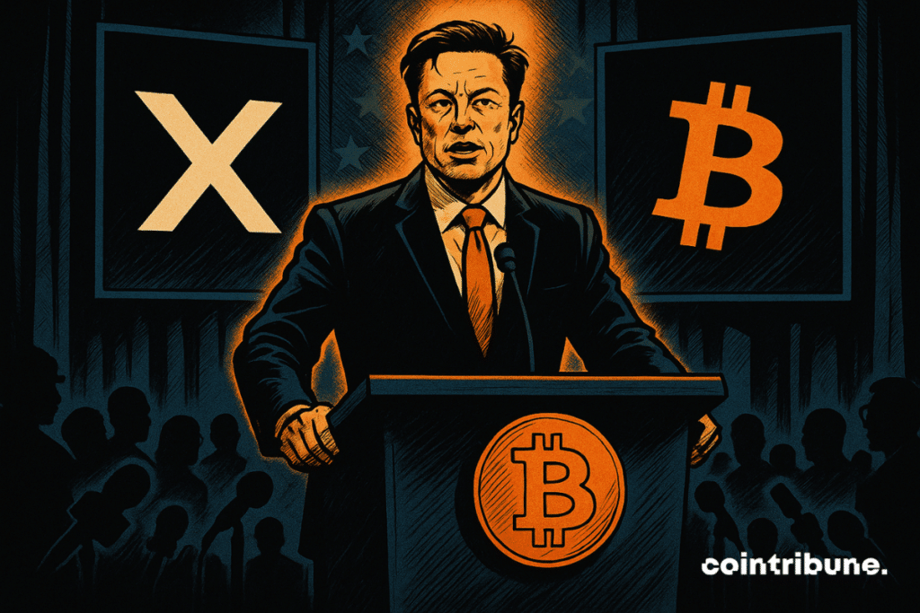 Elon Musk se encuentra en un podio con logotipos brillantes de Bitcoin X, dirigiéndose a una multitud de periodistas recortados bajo una dramática iluminación naranja.