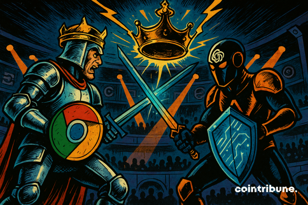 Una batalla en una arena futurista entre Google Chrome y OpenAI, que podría lanzar un navegador web potenciado por IA.