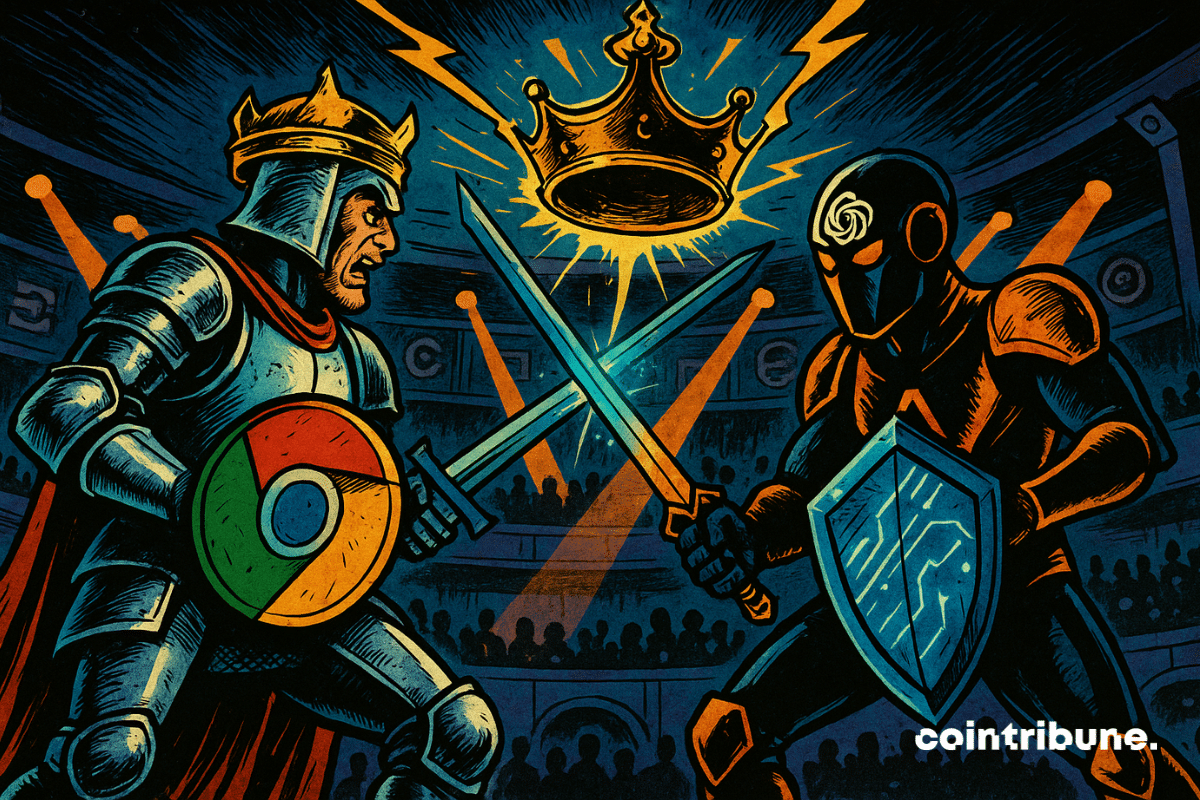 Uma batalha em uma arena futurista entre o Google Chrome e a OpenAI, que pode lançar um navegador web impulsionado por IA.