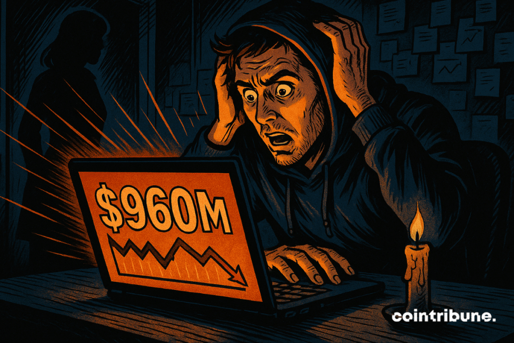 Homem chocado de moletom olhando para perda de token PUMP de "US$ 960 milhões" no laptop.
