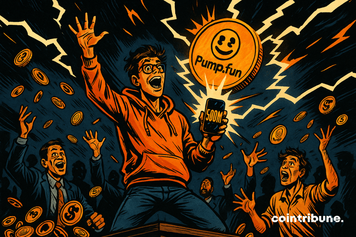 Um jovem investidor eufórico segura seu telefone exibindo “500M”, cercado por raios, tokens voadores e multidões superexcitadas.