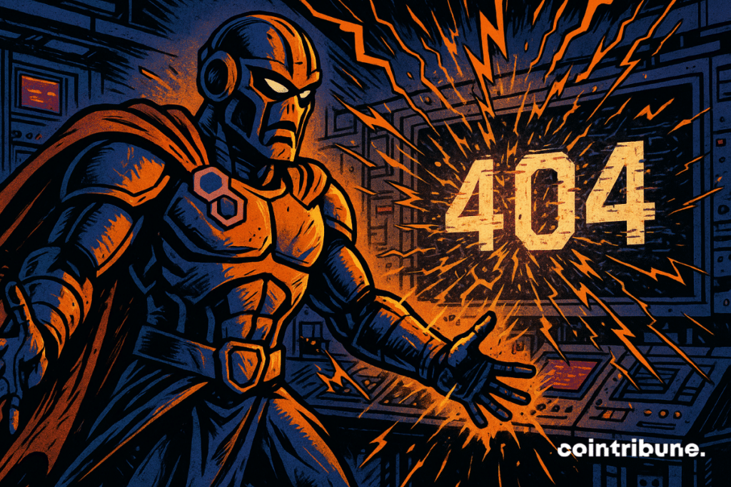 Robotic figure in front of a 404 screen, symbolizing Polygon's Heimdall V2 crash.