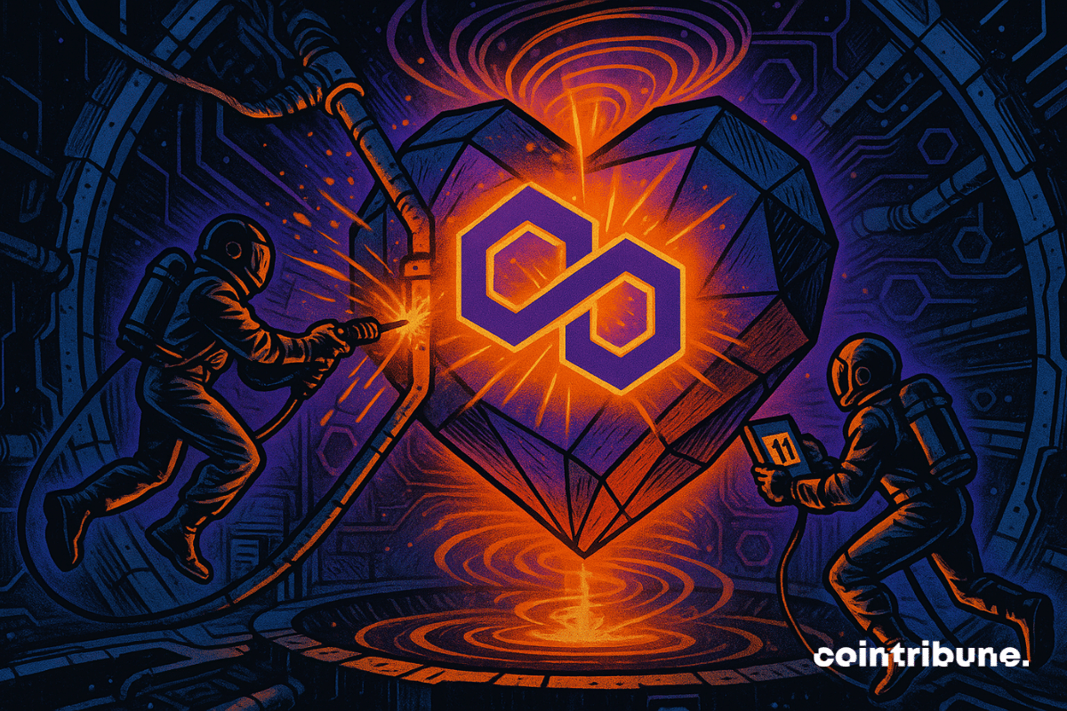 Dois técnicos futuristas do ecossistema cripto, suspensos por cabos ou propulsores magnéticos, no estilo de cosmonautas do futuro. Em levitação diante do núcleo, um insere um módulo hexagonal enquanto o outro realiza soldagens a laser em um duto luminoso. Um núcleo digital maciço e flutuante, formado por segmentos geométricos poligonais, no centro do qual irradia um logotipo da Polygon em violeta e laranja, vibrando como um coração pulsante.