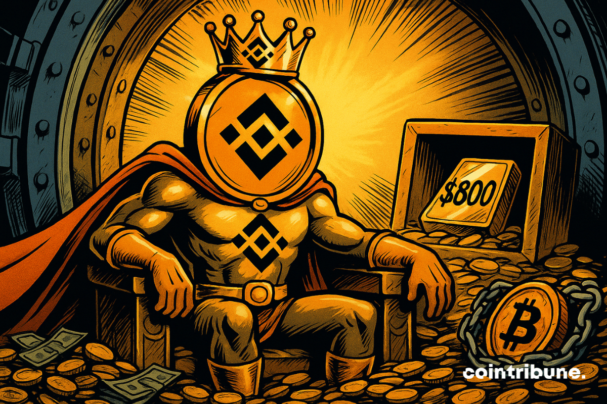 The crowned BNB sits enthroned in a vault, surrounded by gold, towering over a chained Bitcoin, under dramatic orange lighting.