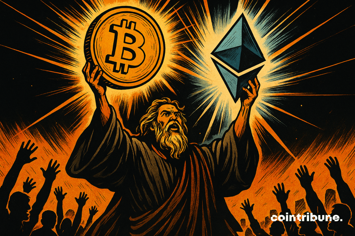 Um profeta icônico brandia os símbolos luminosos do Bitcoin e do Ethereum, aclamado por uma multidão maravilhada e exultante.