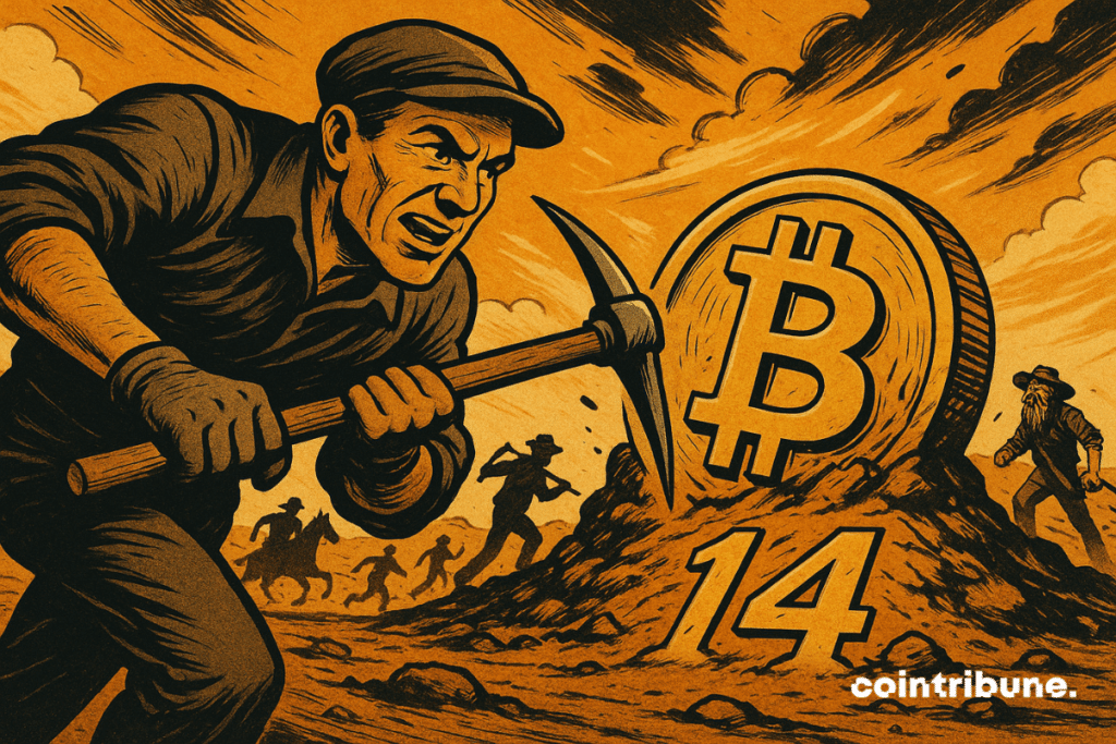 Corrida de Bitcoin em um deserto laranja, mineradores determinados correndo em direção a uma moeda gigante marcada com "14", atmosfera ocidental dinâmica.