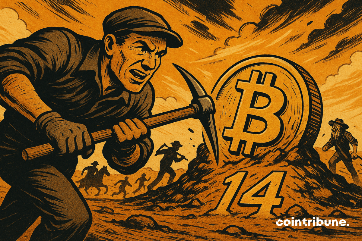 Corrida de Bitcoin em um deserto laranja, mineradores determinados correndo em direção a uma moeda gigante marcada com "14", atmosfera ocidental dinâmica.